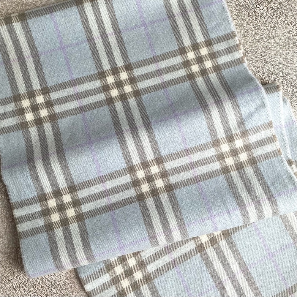 BURBERRY CASHMERE NOVA CHECK LIGHT BLUE PLAID FRINGE MUFFLER SCARF Unisex